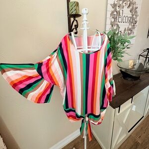 Moa Moa Red and Green Boxy Tie Front Blouse